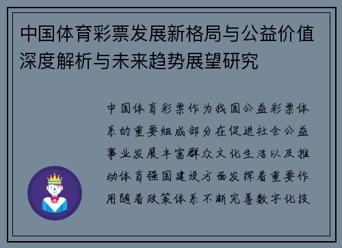 中国体育彩票发展新格局与公益价值深度解析与未来趋势展望研究